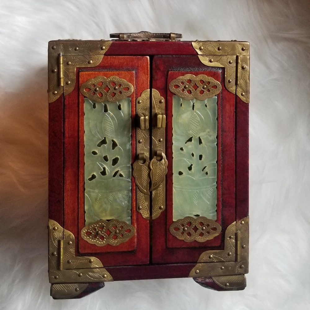 Antique Chinese Jewelry Box w/Carved Jade Inlays